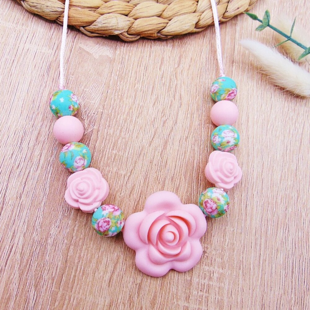 Little Girls Floral Beaded Silicone Necklace Pink&Mint - W/Safety Clasp - NEW!